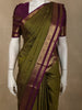 Deep Olive Green Mini Checked Zari Woven Design Pure Kanchipuram Silk Saree with Contrast Peacock Zari Border