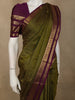 Deep Olive Green Mini Checked Zari Woven Design Pure Kanchipuram Silk Saree with Contrast Peacock Zari Border