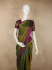 Deep Olive Green Striped Woven Design Kanchipuram Silk Saree with Contrast Zari Border