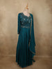 Deep Peacock Teal Blue Floral Sequins Embroidered Design Chiffon Gown with Dupatta