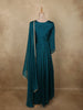 Deep Peacock Teal Blue Floral Sequins Embroidered Design Chiffon Gown with Dupatta