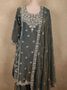 Deep Peacock Teal Blue Floral Sequins Embroidered Design Organza Sharara Suit With Dupatta