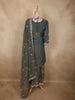 Deep Peacock Teal Blue Floral Sequins Embroidered Design Organza Sharara Suit With Dupatta