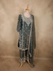 Deep Peacock Teal Blue Floral Sequins Embroidered Design Organza Sharara Suit With Dupatta