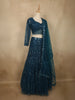 Deep Peacock Teal Blue Floral Sequins and Beads Embroidered Design Net Mermaid Lehenga with Dupatta