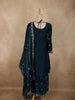 Deep Peacock Teal Blue Floral Sequins and Beads Embroidered Design Organza Sharara Suit With Dupatta