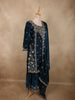 Deep Peacock Teal Blue Floral Sequins and Beads Embroidered Design Organza Sharara Suit With Dupatta