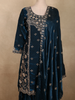Deep Peacock Teal Blue Floral Sequins and Beads Embroidered Design Organza Sharara Suit With Dupatta