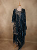 Deep Peacock Teal Blue Floral Sequins and Beads Embroidered Design Organza Sharara Suit With Dupatta