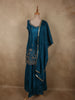 Deep Peacock Teal Blue Floral Sequins and Beads Embroidered Design Satin Palazzo Suit with Dupatta
