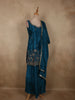 Deep Peacock Teal Blue Floral Sequins and Beads Embroidered Design Satin Palazzo Suit with Dupatta