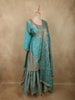Deep Peacock Teal Blue Floral Zari Embroidered Design Organza Sharara Suit With Dupatta