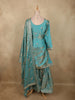 Deep Peacock Teal Blue Floral Zari Embroidered Design Organza Sharara Suit With Dupatta
