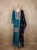 Deep Peacock Teal Blue Floral Zari Embroidered Design Tussar Palazzo Suit with Contrast Dupatta