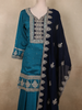Deep Peacock Teal Blue Floral Zari Embroidered Design Tussar Palazzo Suit with Contrast Dupatta
