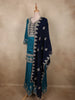 Deep Peacock Teal Blue Floral Zari Embroidered Design Tussar Palazzo Suit with Contrast Dupatta
