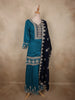 Deep Peacock Teal Blue Floral Zari Embroidered Design Tussar Palazzo Suit with Contrast Dupatta