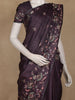 Deep Plum Floral Embroidered Tussar Silk Saree
