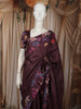 Deep Plum Purple Checked Woven Design Pure Tussar Saree with Floral Border