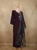 Deep Plum Purple Floral Beads Embroidered Design Cotton Palazzo Suit with Floral Dupatta