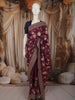 Deep Plum Purple Floral Thread Embroidered Design Pure Tussar Saree with Designer Border
