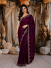 Deep Plum Purple Floral Zari Embroidered Design Pure Tussar Silk Fancy Saree with Scalloped Border