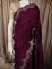 Deep Plum Purple Floral Zari Embroidered Design Pure Tussar Silk Fancy Saree with Scalloped Border