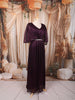Deep Plum Purple Metallic Shimmer Pleated A-Line Party Wear Gown with Cape Sleeves