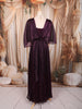 Deep Plum Purple Metallic Shimmer Pleated A-Line Party Wear Gown with Cape Sleeves