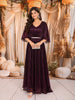 Deep Plum Purple Metallic Shimmer Pleated A-Line Party Wear Gown with Cape Sleeves