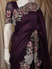 Deep Plum Purple Solid Woven Design Pure Tussar Saree with Floral Scaalloped Border