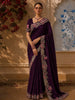 Deep Plum Purple Solid Woven Design Pure Tussar Saree with Floral Scaalloped Border