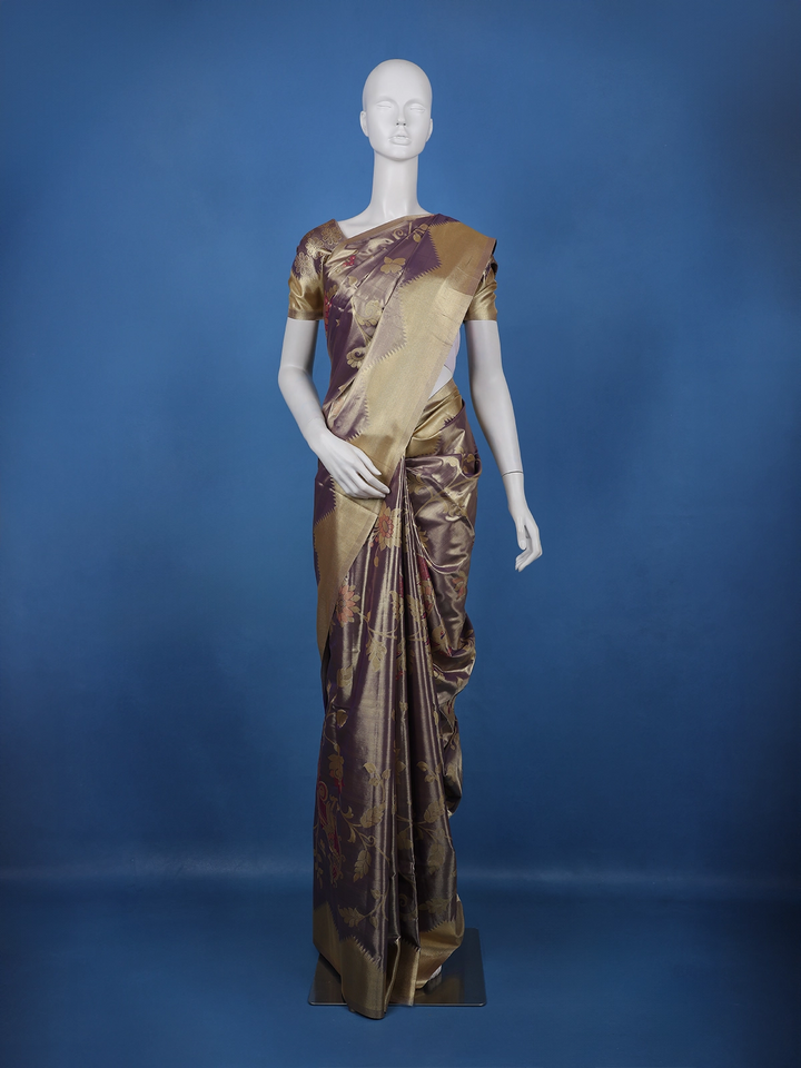 Deep Plum Purple floral Design Tissue Saree - Diadem