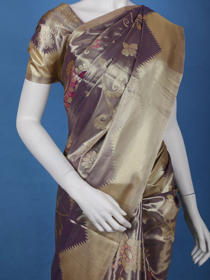Deep Plum Purple floral Design Tissue Saree - Diadem