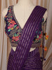 Deep Purple Gold Striped Zari Woven Design Chiffon Ready to Wear Party Saree with Designer Blouse