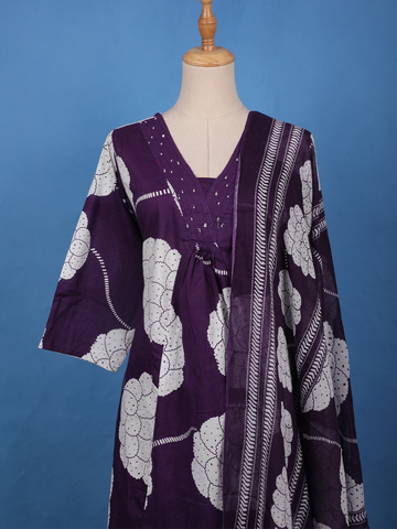 Deep Purple Mirror Work Floral Printed Cotton Salwar Suit Set - Diadem