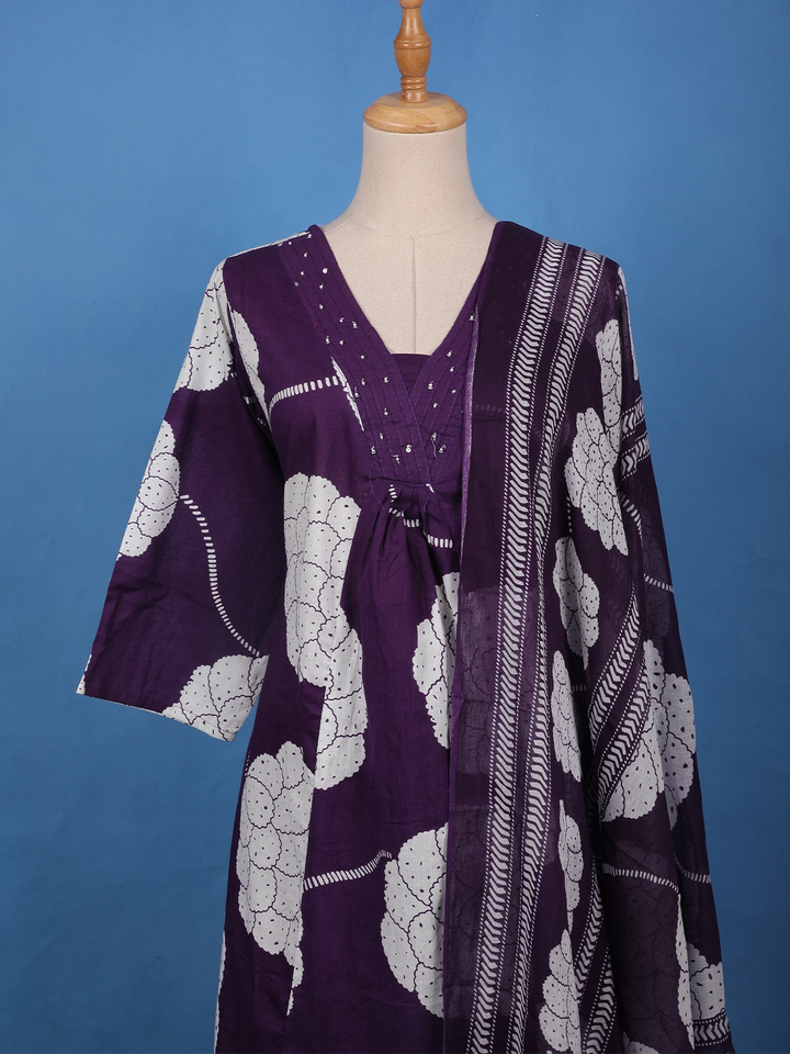 Deep Purple Mirror Work Floral Printed Cotton Salwar Suit Set - Diadem