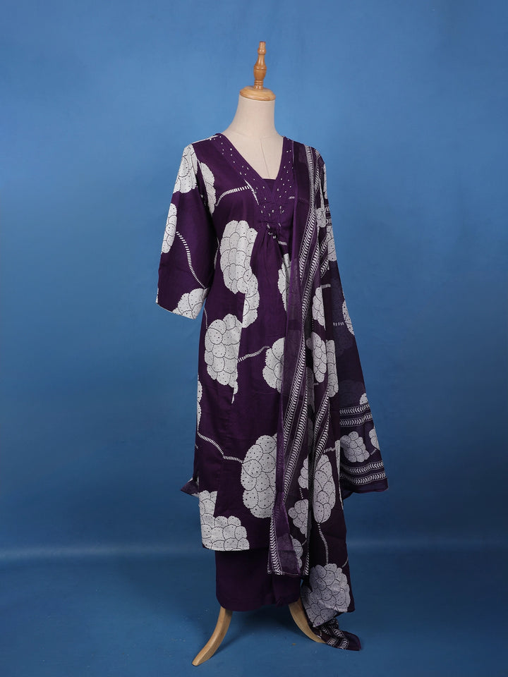 Deep Purple Mirror Work Floral Printed Cotton Salwar Suit Set - Diadem