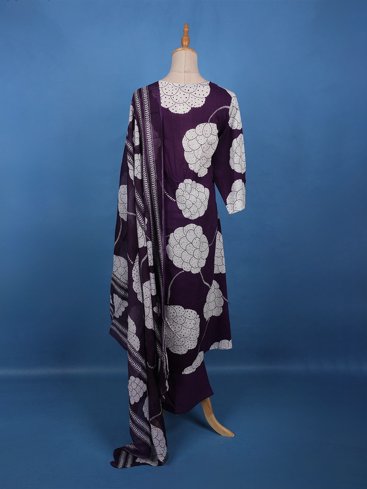 Deep Purple Mirror Work Floral Printed Cotton Salwar Suit Set - Diadem