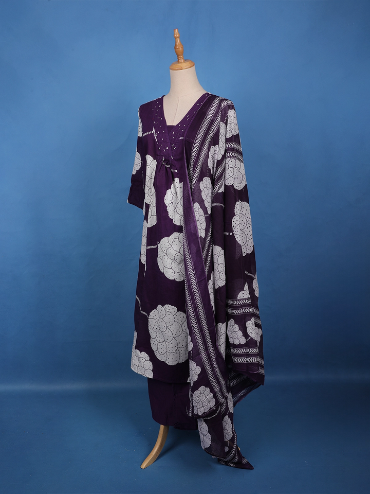 Deep Purple Mirror Work Floral Printed Cotton Salwar Suit Set - Diadem