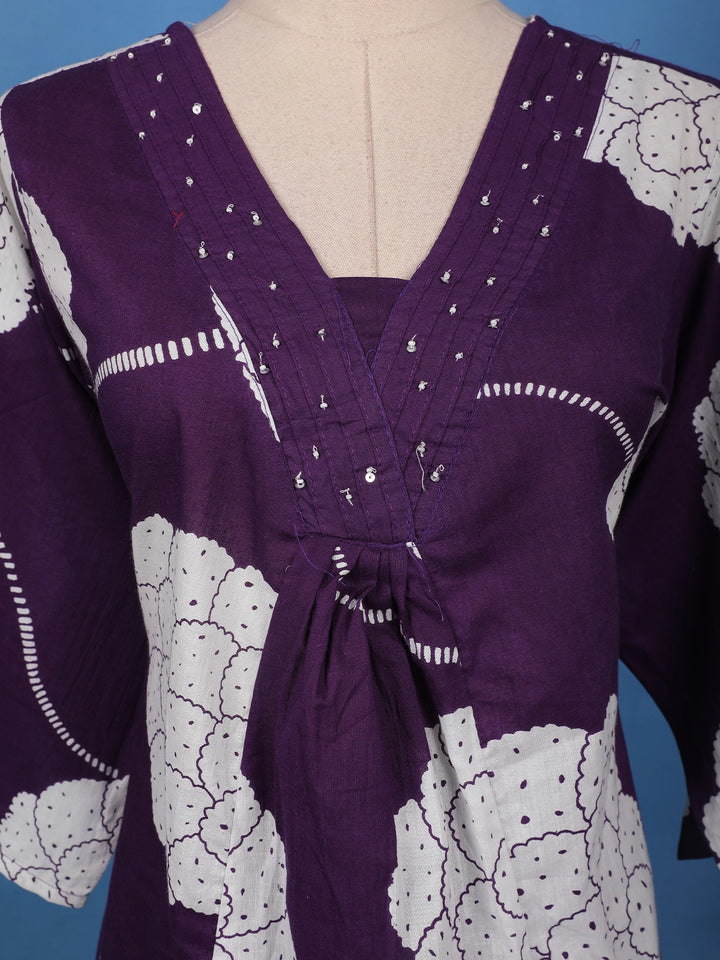 Deep Purple Mirror Work Floral Printed Cotton Salwar Suit Set - Diadem