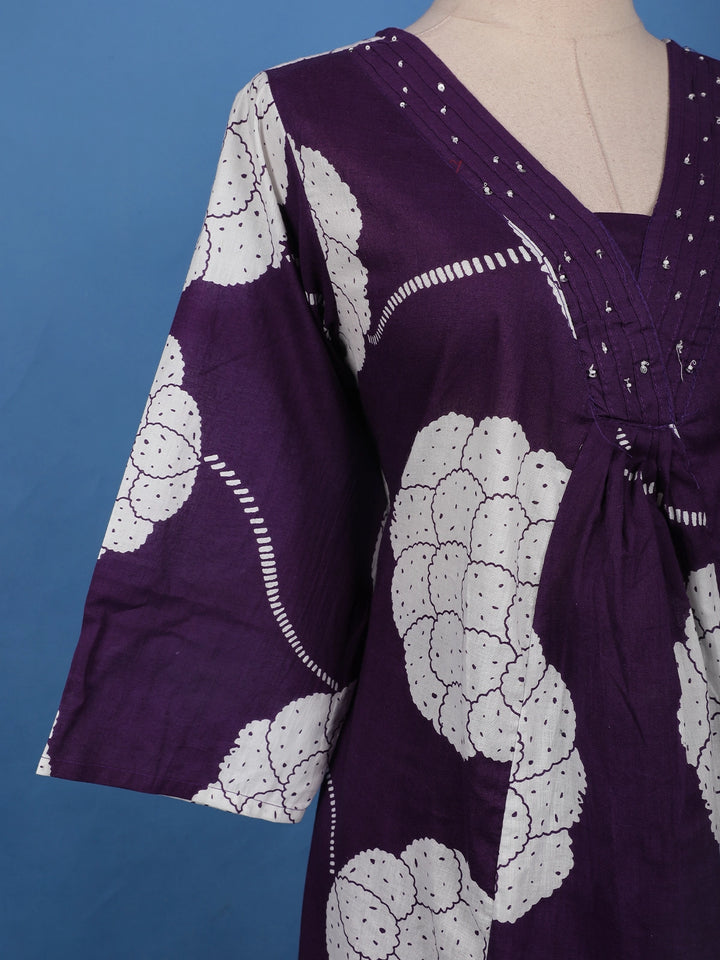 Deep Purple Mirror Work Floral Printed Cotton Salwar Suit Set - Diadem