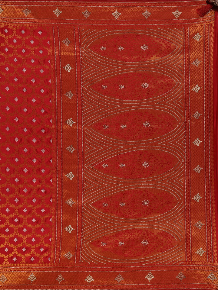 Deep Red Floral Woven Banarasi Silk Saree With Stone Embellished Border - Diadem