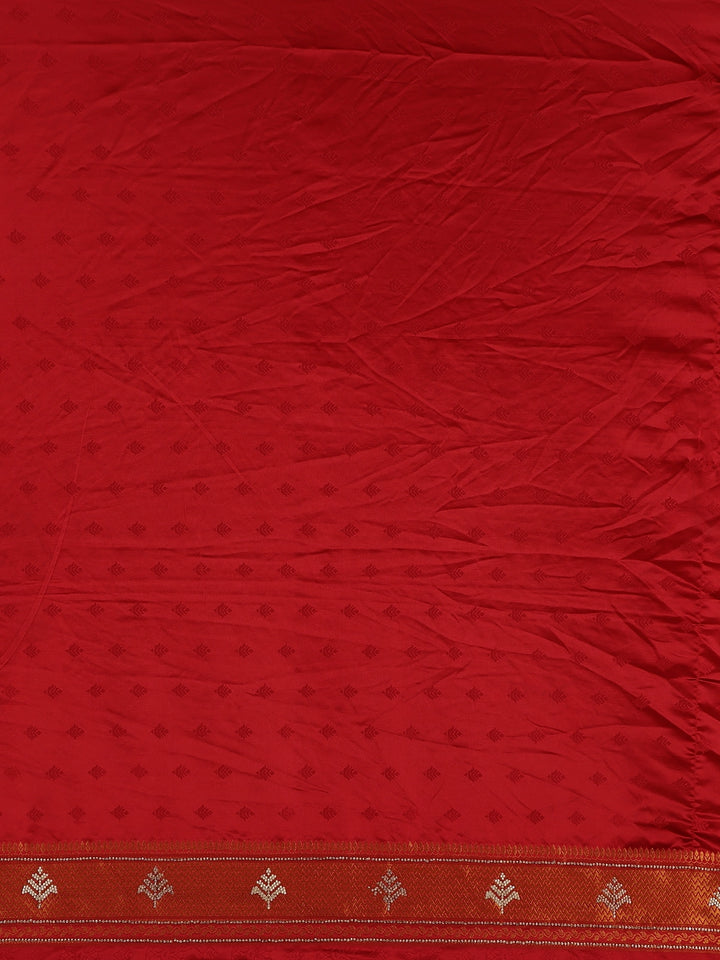 Deep Red Floral Woven Banarasi Silk Saree With Stone Embellished Border - Diadem