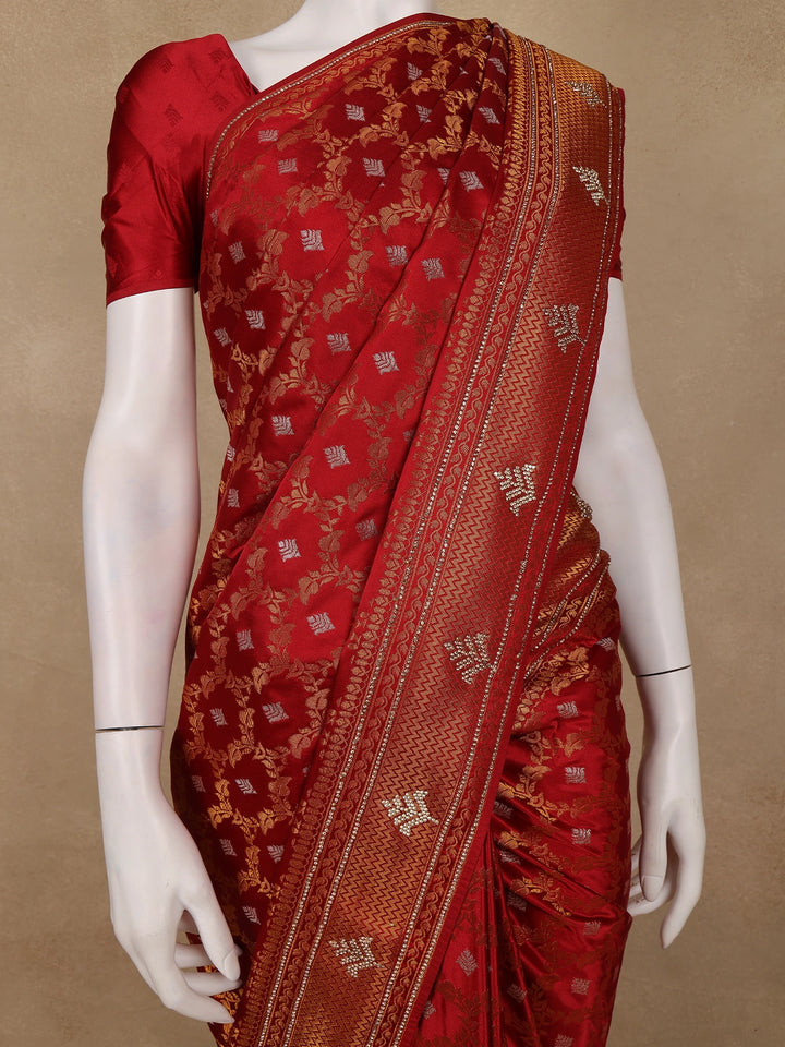 Deep Red Floral Woven Banarasi Silk Saree With Stone Embellished Border - Diadem