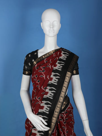Deep Red Leaf Printed Chiffon Saree - Diadem