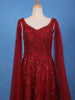 Deep Red Sequin Embellished Net Gown with Draped Sleeves