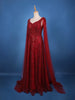 Deep Red Sequin Embellished Net Gown with Draped Sleeves