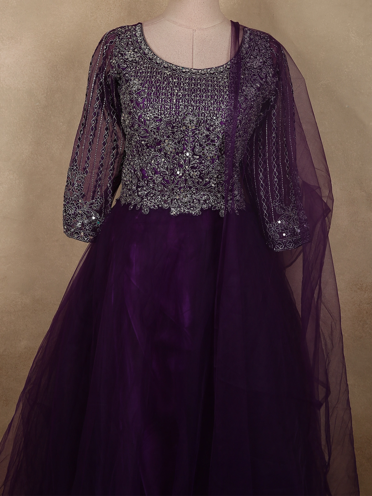 Deep Royal Plum Purple Floral Zari Embroidered Design Net Gown with Dupatta 