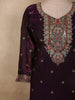 Deep Royal Wine Purple Floral Embroidered Design Organza Palazzo Suit